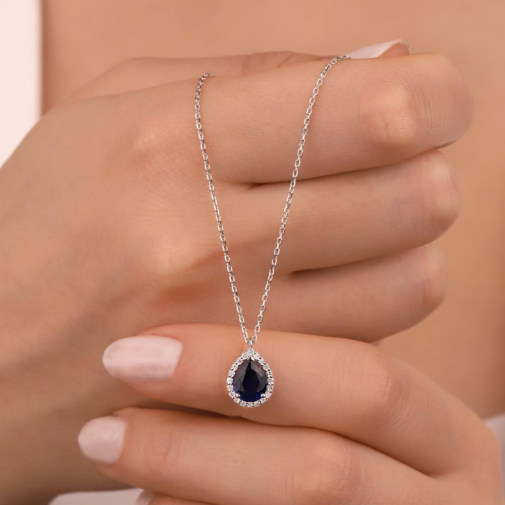 0,14 Karat Pırlantalı Damla Safir Renkli Taşlı Kolye - LP03885