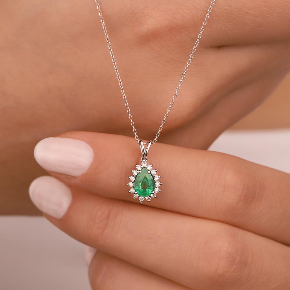 0,15 Karat Pırlantalı Damla Taşlı Zümrüt Kolye - LP01640