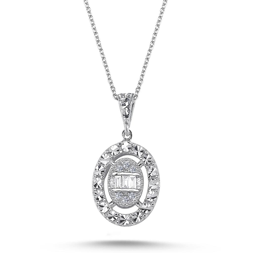 0.05 Karat Kalem İşlemeli Oval Baget Pırlanta Kolye - FP02270