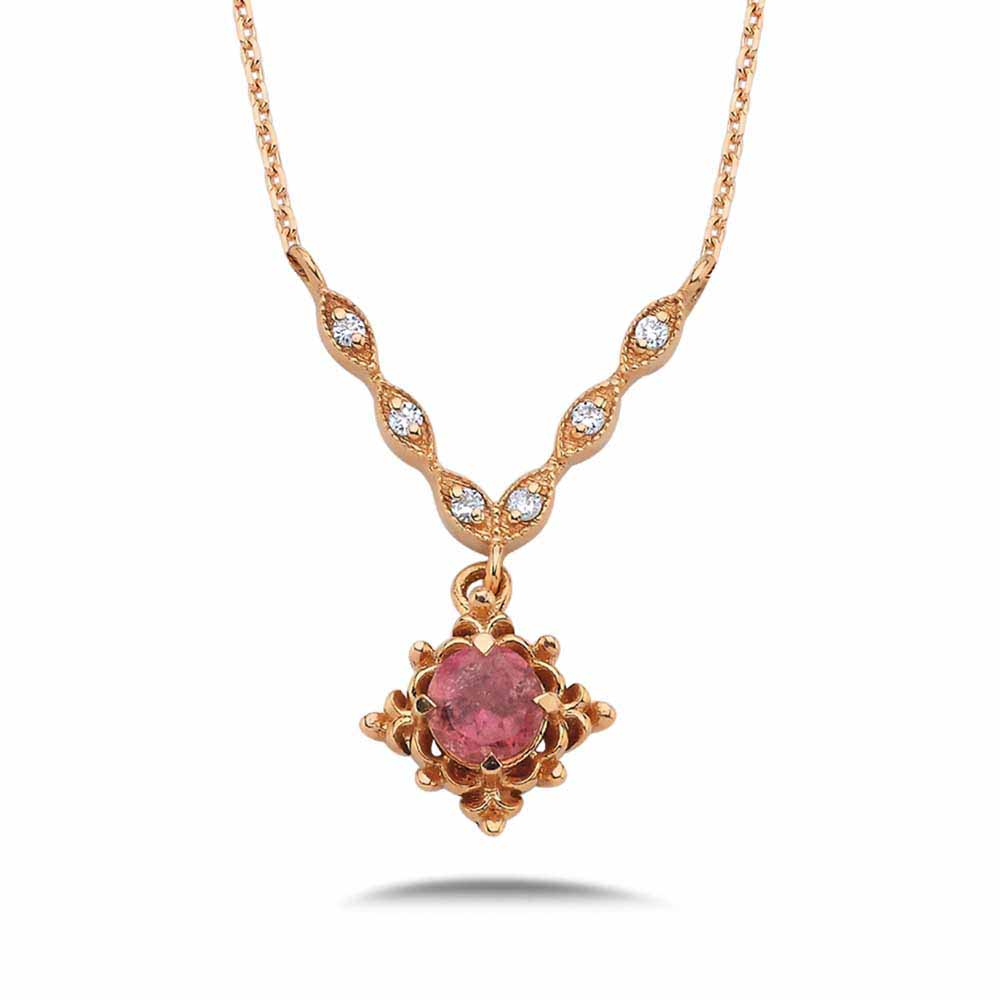 0.24 Karat Vintage Pembe Turmalin Taşlı Hediyelik Pırlanta Kolye - FP06327