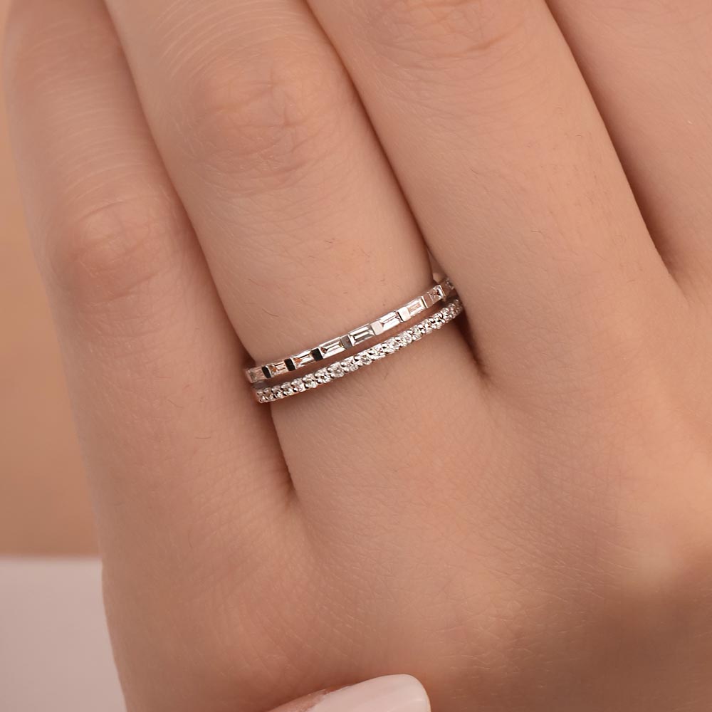 0.33 Karat Özel Tasarım Çift Sıra Baget Taşlı Yarımtur Pırlanta Yüzük