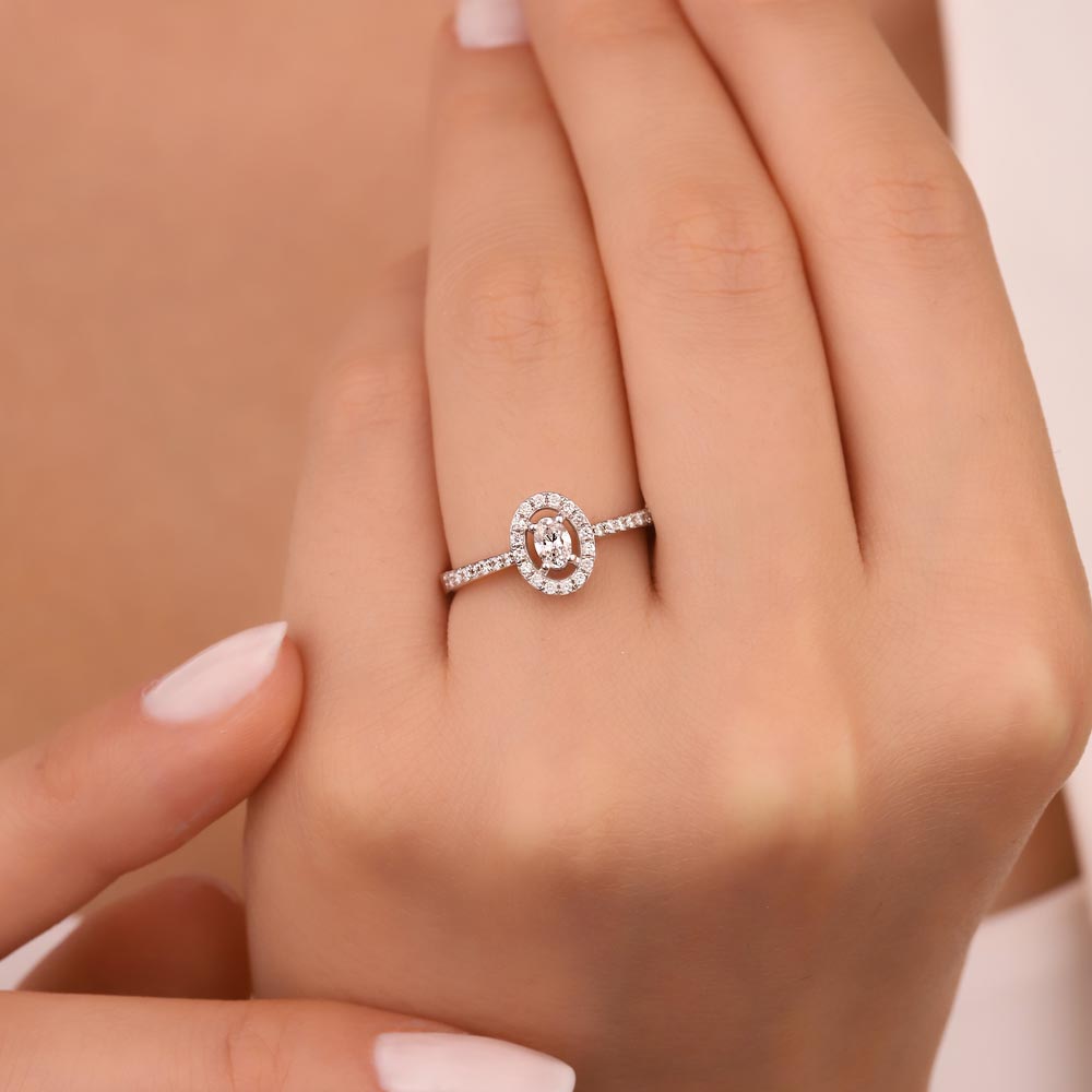 0,38 Karat Lab Pırlanta Oval Halo Tektaş Yüzük
