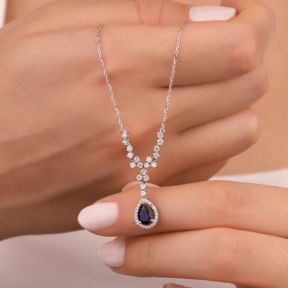 0,59 Karat Pırlanta Safir Taşlı Anturaj Kolye - LP03841