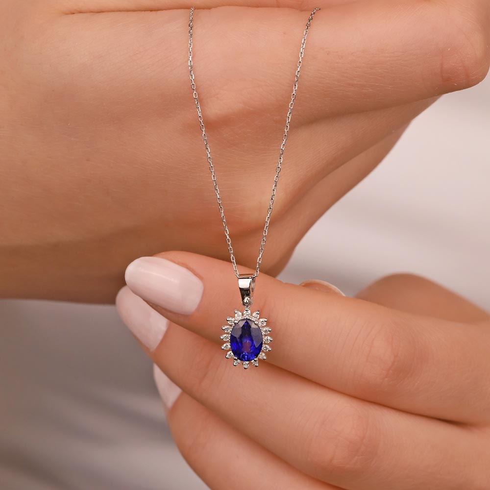 0,75 Karat Laboratuvar Pırlantalı Safir Taşlı Kolye - FP01063