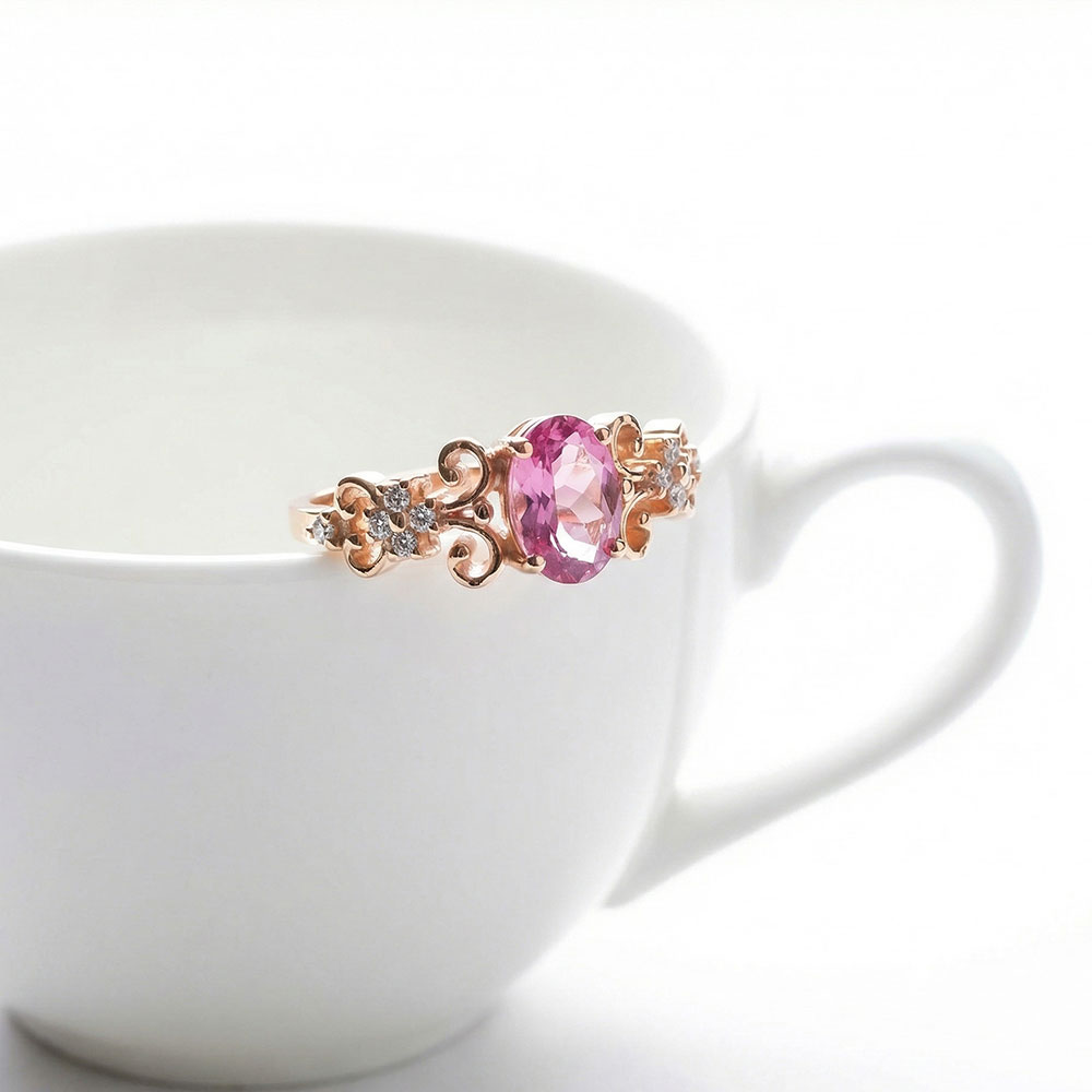 0.98 Karat Oval Kesim Pembe Topaz Tasarım Vintage Pırlanta Yüzük - FP08194