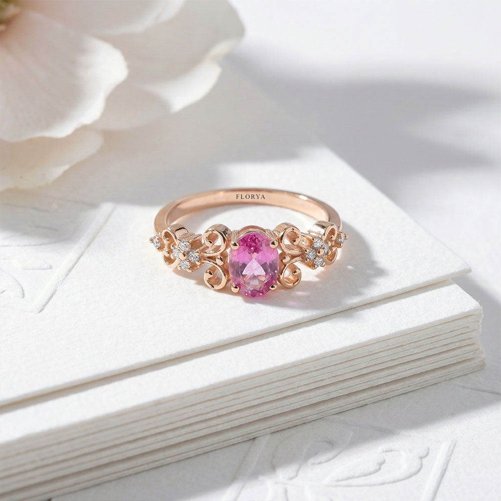 0.98 Karat Oval Kesim Pembe Topaz Tasarım Vintage Pırlanta Yüzük - FP08194