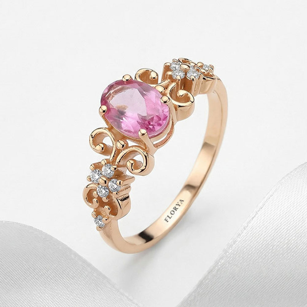 0.98 Karat Oval Kesim Pembe Topaz Tasarım Vintage Pırlanta Yüzük - FP08194