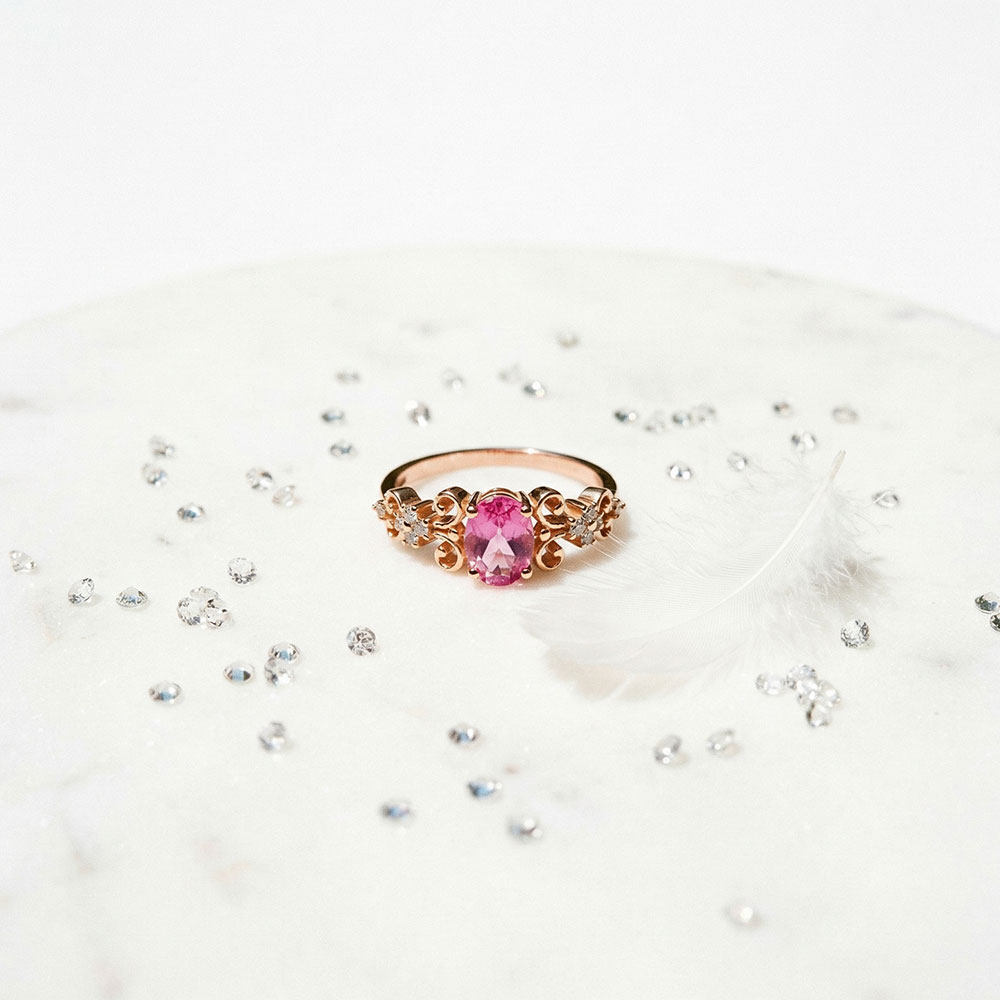 0.98 Karat Oval Kesim Pembe Topaz Tasarım Vintage Pırlanta Yüzük - FP08194