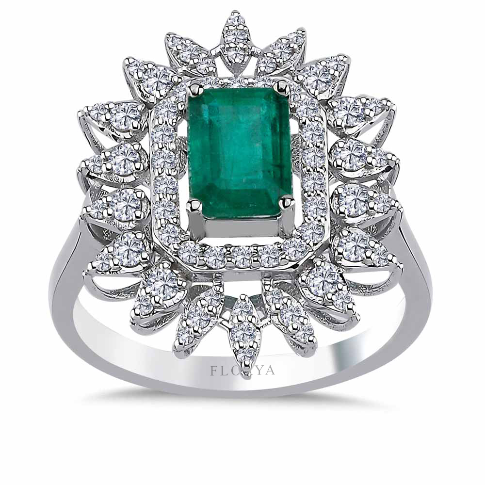 1,55 Karat Pırlantalı Zümrüt Yaşlı Oktagon Yüzük - LP05194