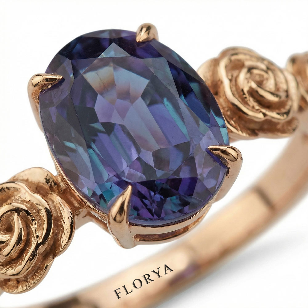 1,02 Karat Oval Alexandrite Vintage Çiçekli Tasarım Yüzük