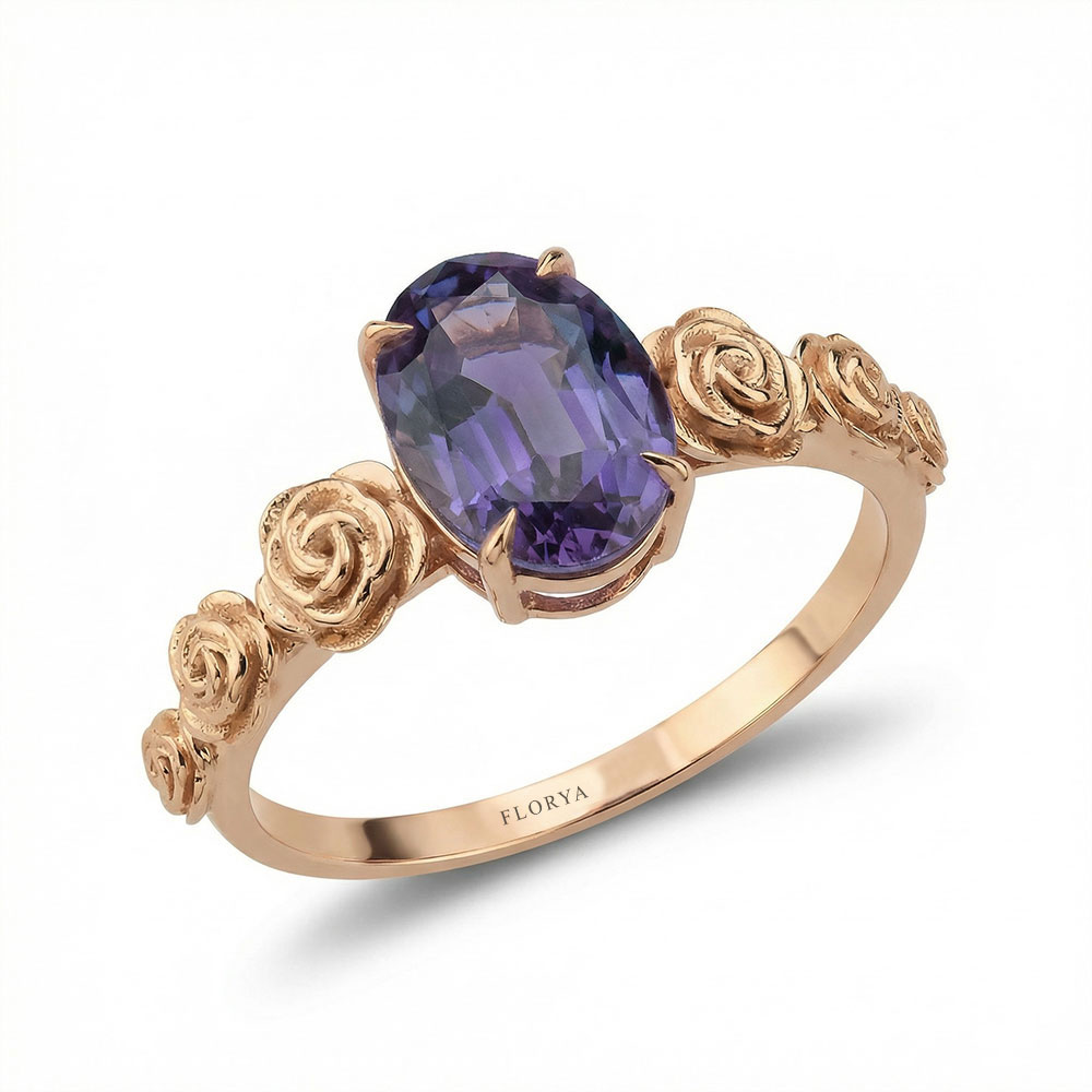 Vintage Yüzükler 1,02 Karat Oval Alexandrite Vintage Çiçekli Tasarım Yüzük - FP08132