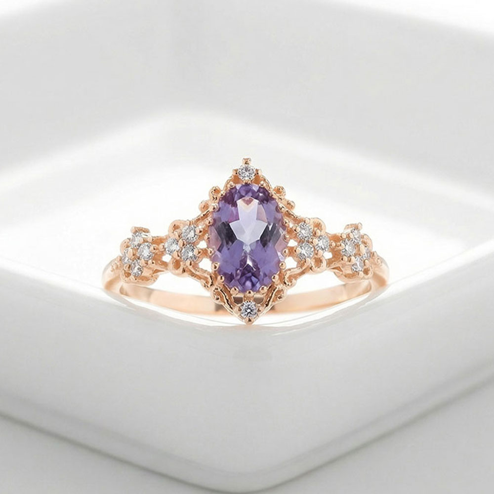 1,03 Karat Lab Pırlanta ve Oval Alexandrite Vintage Tasarım Yüzük