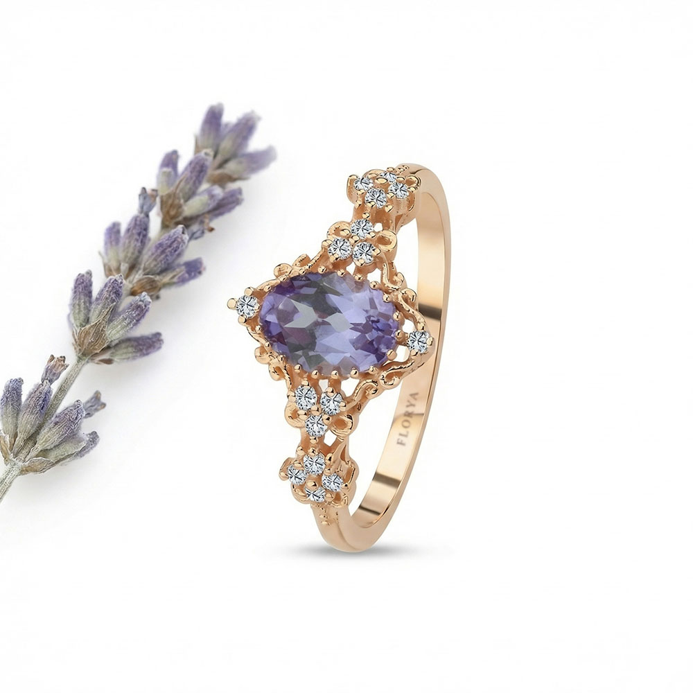 1,03 Karat Lab Pırlanta ve Oval Alexandrite Vintage Tasarım Yüzük