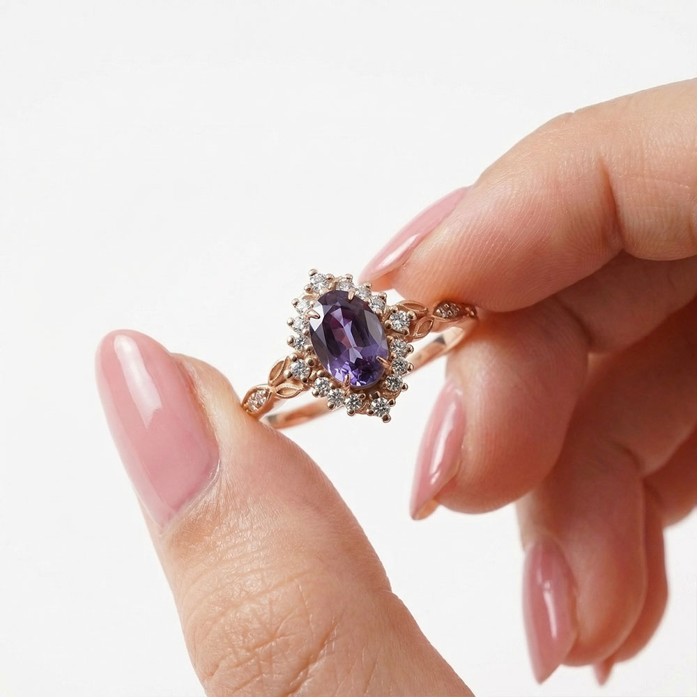 1,24 Karat Lab Pırlanta ve Oval Alexandrite Tasarım Vintage Yüzük