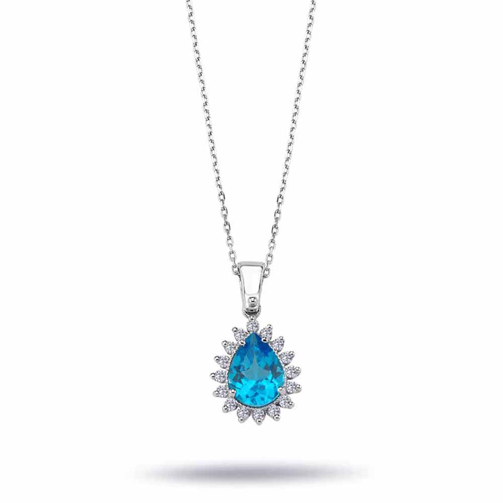 1.40 Karat Lab Pırlanta Damla London Blue Topaz Kolye