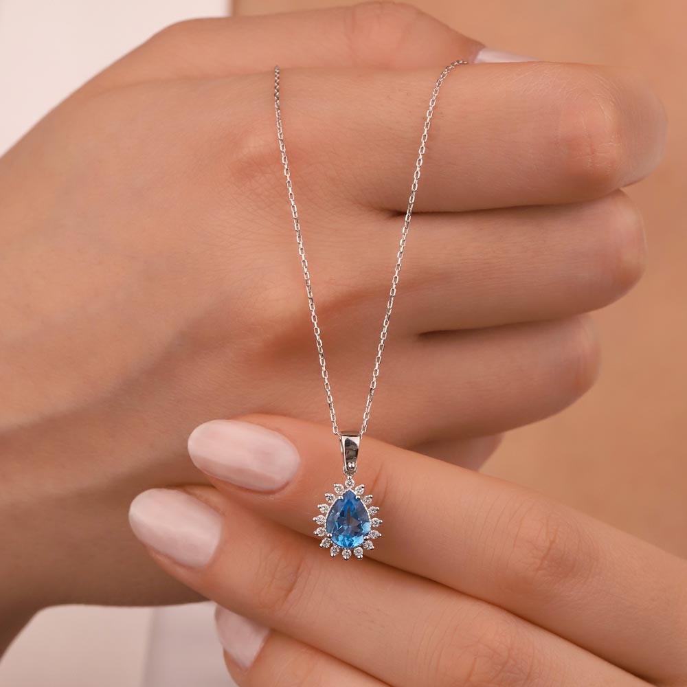 1.40 Karat Lab Pırlanta Damla London Blue Topaz Kolye
