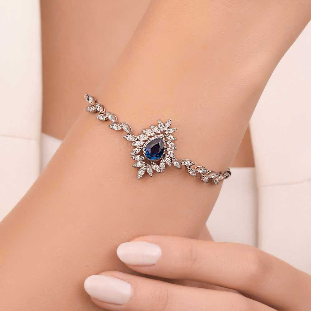 Safir Bileklikler 3,35 Karat Laboratuvar Pırlantalı Damla Safir Taşlı Bileklik - FP05403