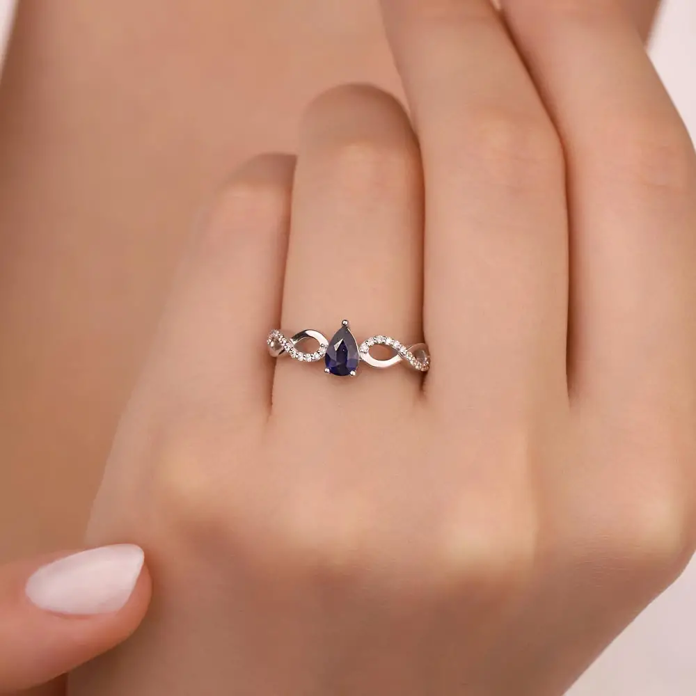 0,63 ct Pırlantalı Damla Safir Taşlı Sonsuzluk Yüzük
