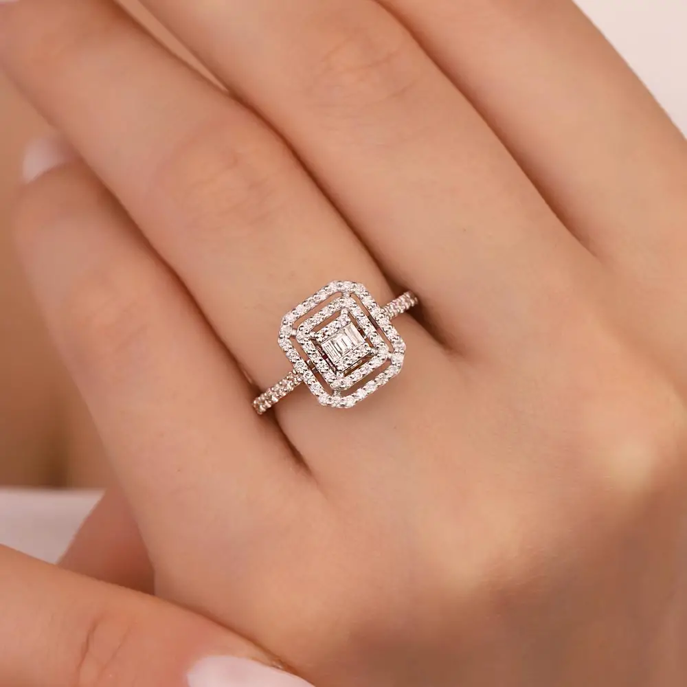 0,62 Karat Çift Sıra Pırlantalı baget Yüzük