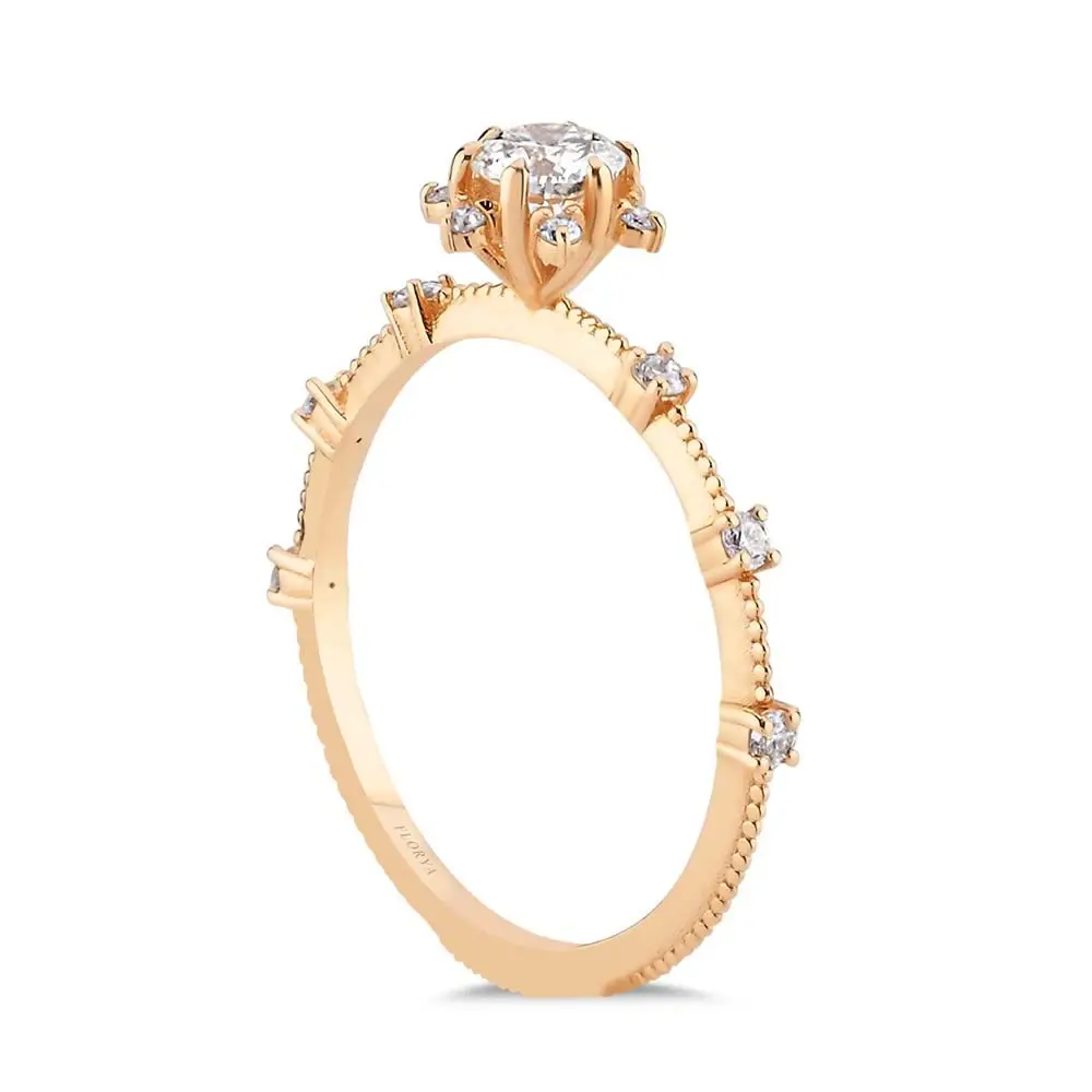 0,32 Karat Pırlantalı Lotus Vintage Tektaş Yüzük