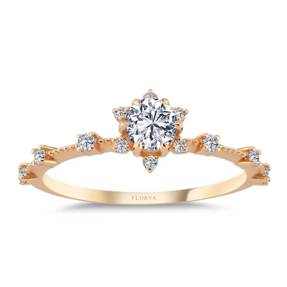 0,32 Karat Pırlantalı Lotus Vintage Tektaş Yüzük