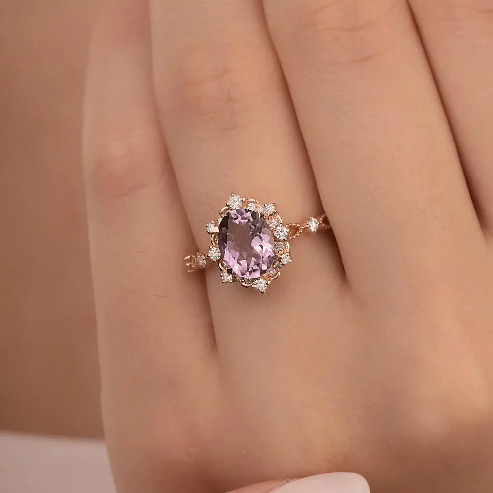 1,81 Karat Pırlantalı Damla Kesim Ametist Taşlı Vintage Yüzük