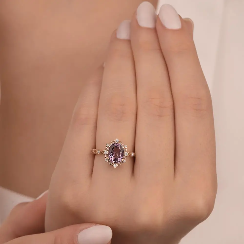 1,81 Karat Pırlantalı Damla Kesim Ametist Taşlı Vintage Yüzük