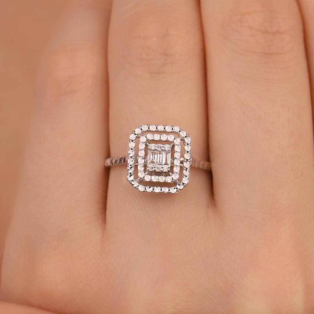 Pırlanta Yüzükler 0,11 ct Çift Sıra Kalem İşlemeli Pırlanta baget Yüzük