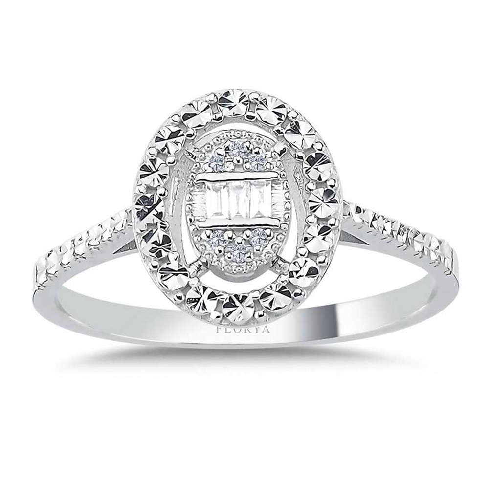 Pırlanta Yüzükler 0,06 ct Kalem İşlemeli Çift Sıra Oval Pırlanta baget Yüzük