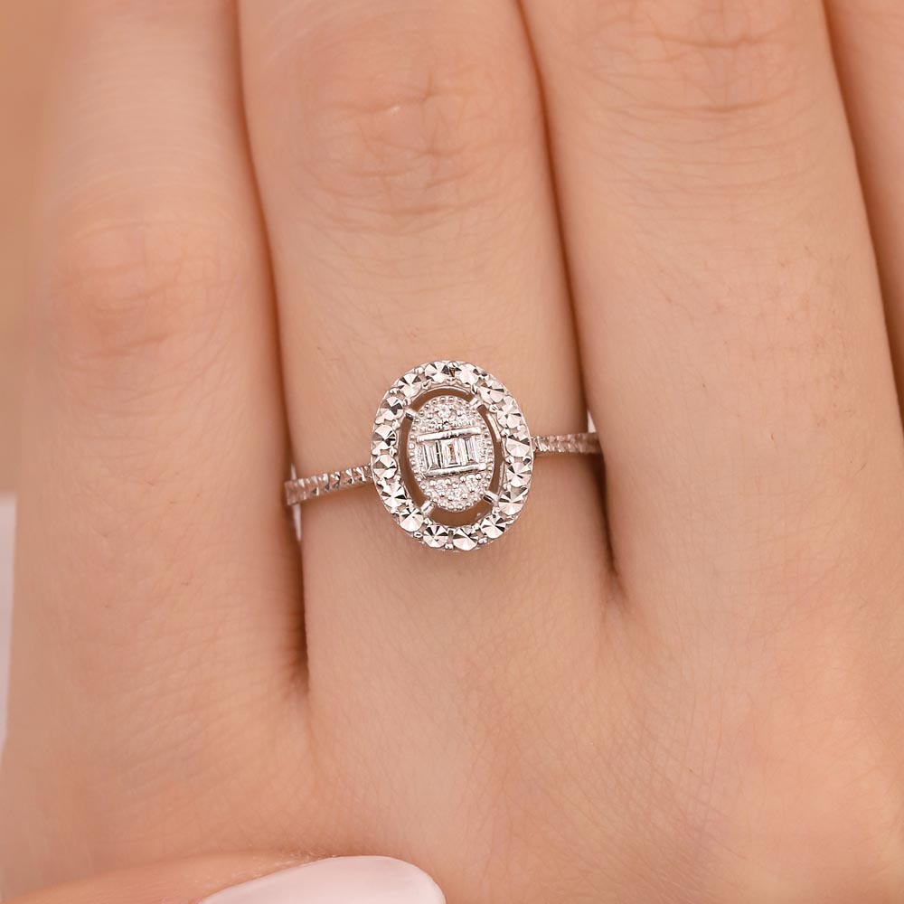 Pırlanta Yüzükler 0,06 ct Kalem İşlemeli Çift Sıra Oval Pırlanta baget Yüzük