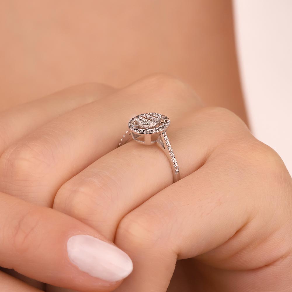 Pırlanta Yüzükler 0,06 ct Kalem İşlemeli Çift Sıra Oval Pırlanta baget Yüzük