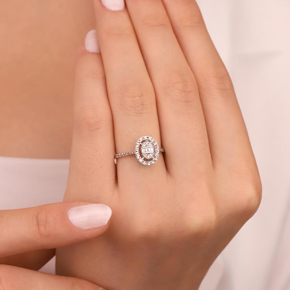 Pırlanta Yüzükler 0,06 ct Kalem İşlemeli Çift Sıra Oval Pırlanta baget Yüzük
