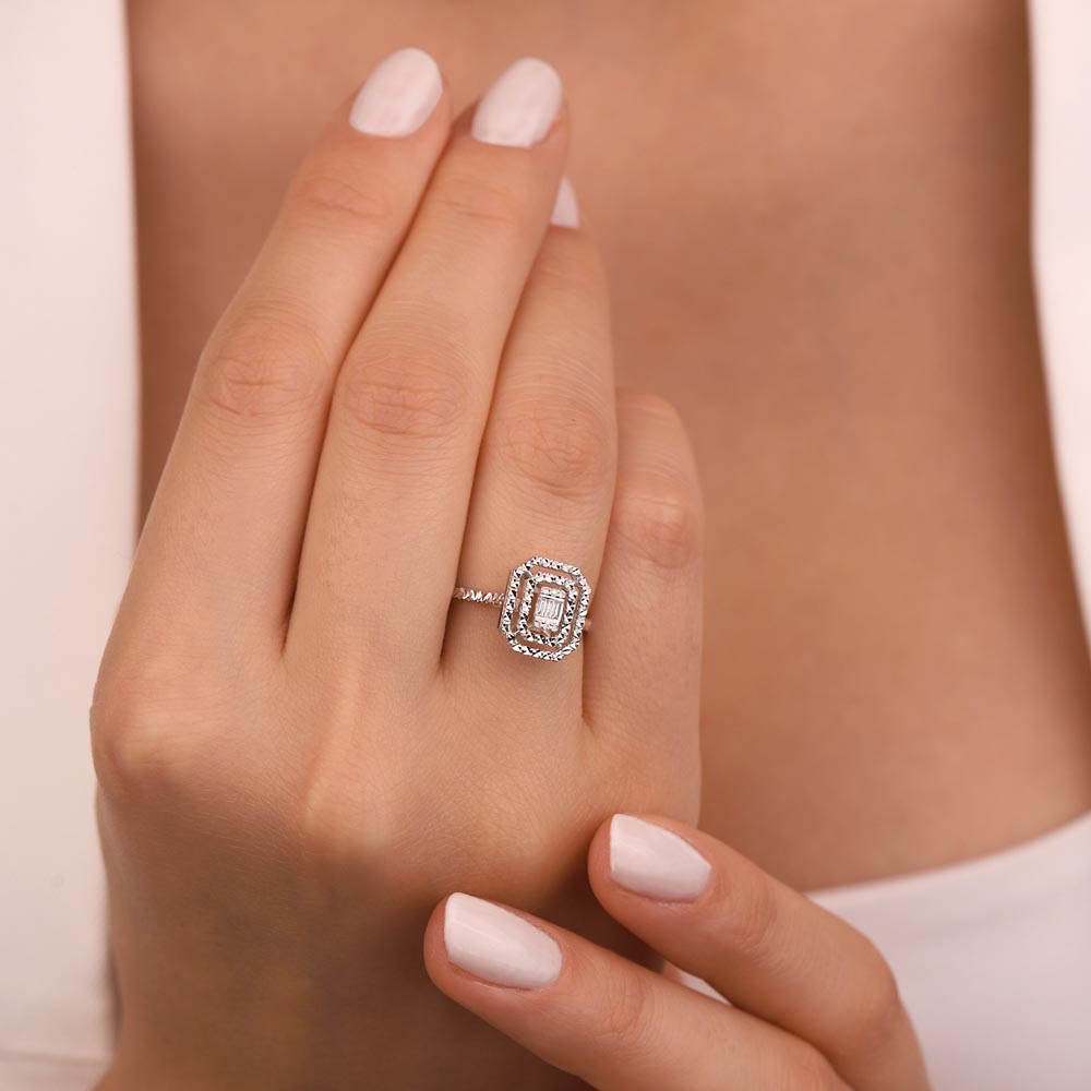 Pırlanta Yüzükler 0,06 ct Kalem İşlemeli Çift Sıra Pırlanta baget Yüzük
